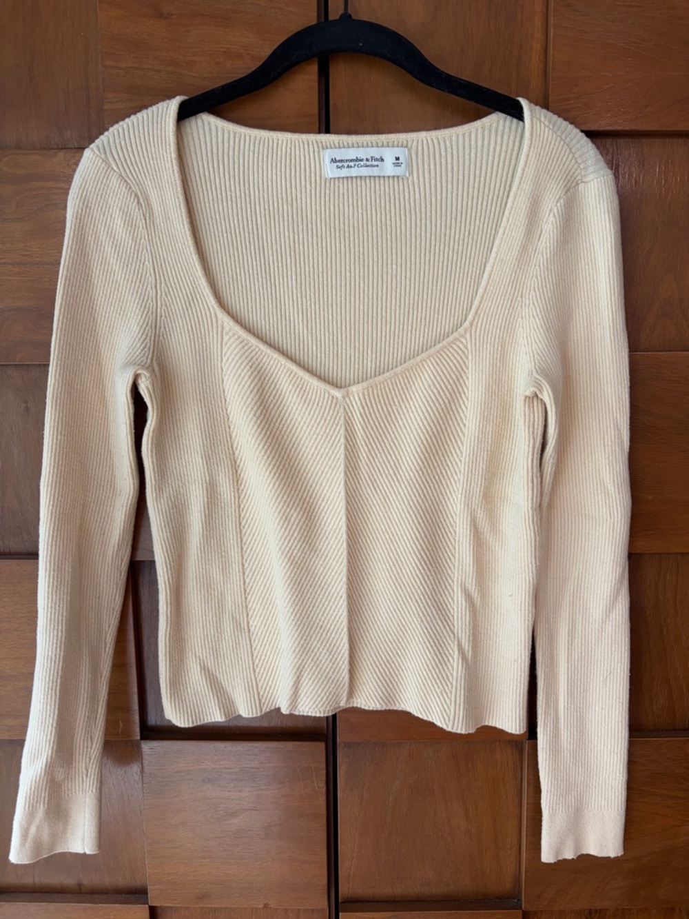Abercrombie & Fitch Ribbed Long Sleeve Scoop Neck Top in Cream